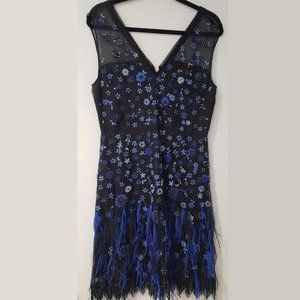 Ellie Tahari Black Dress with Beaded Flowers and Feathers Size 8